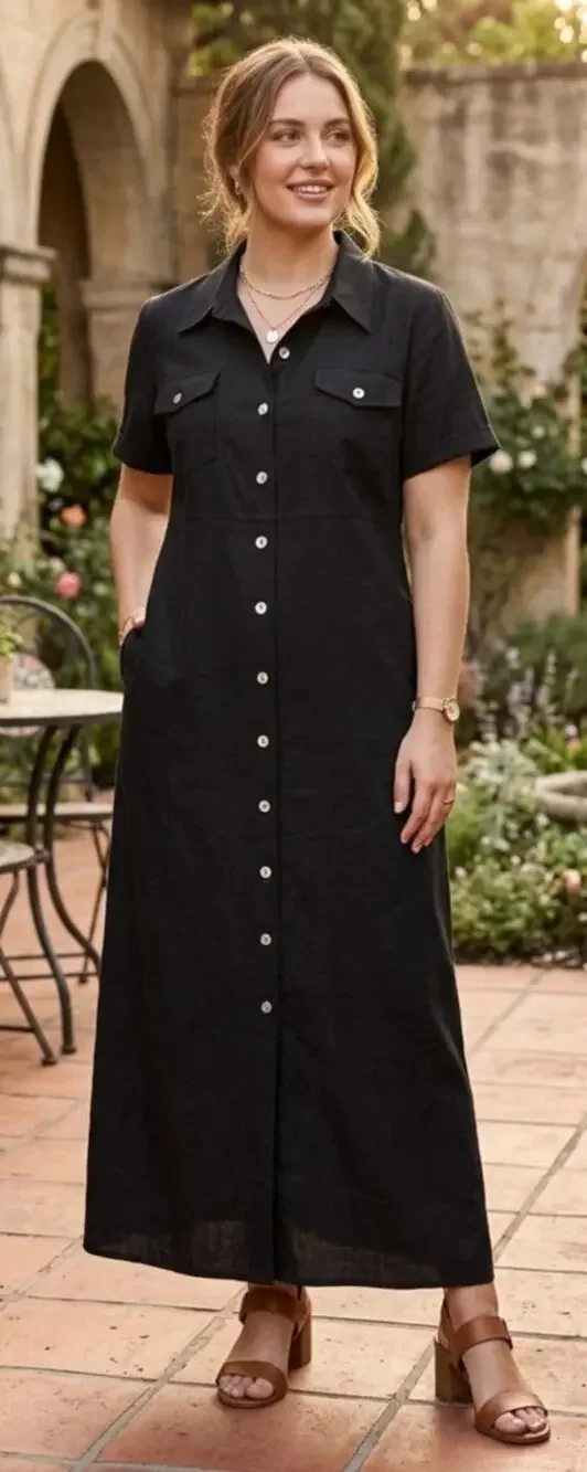 Vintage 90's Carolina Colours Black Linen Blend Front Button Maxi Dress